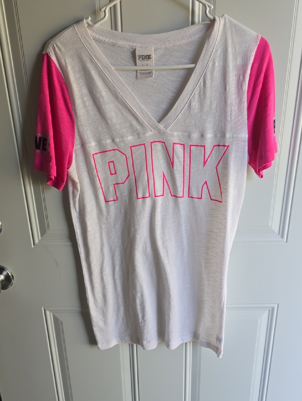 RARE PINK Victoria's Secret White V-Neck Tee with Black/PINK Logo